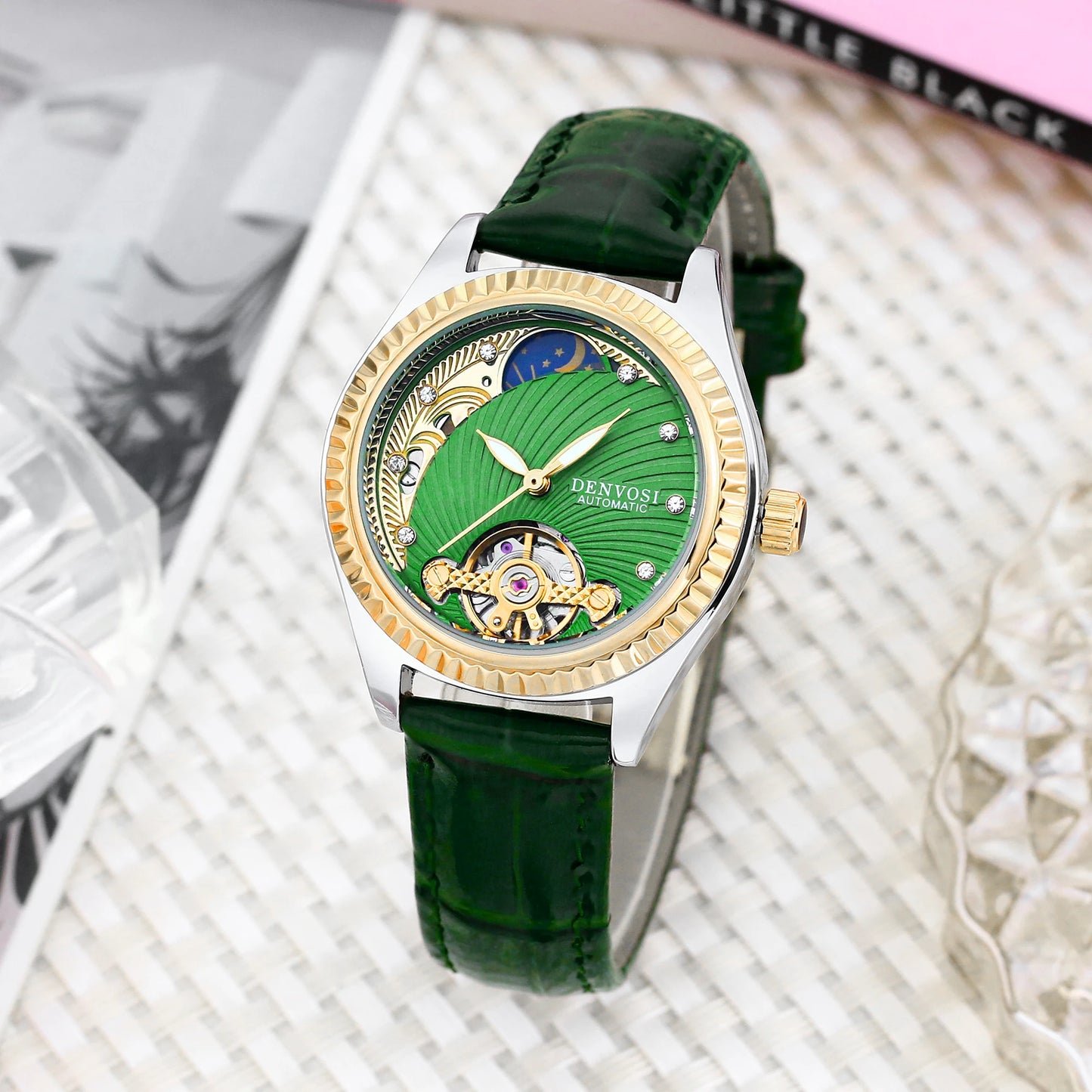 Ladies Flywheel double hollowed luxury fashion casual luminous leather watch with automatic mechanical waterproof wristwatch