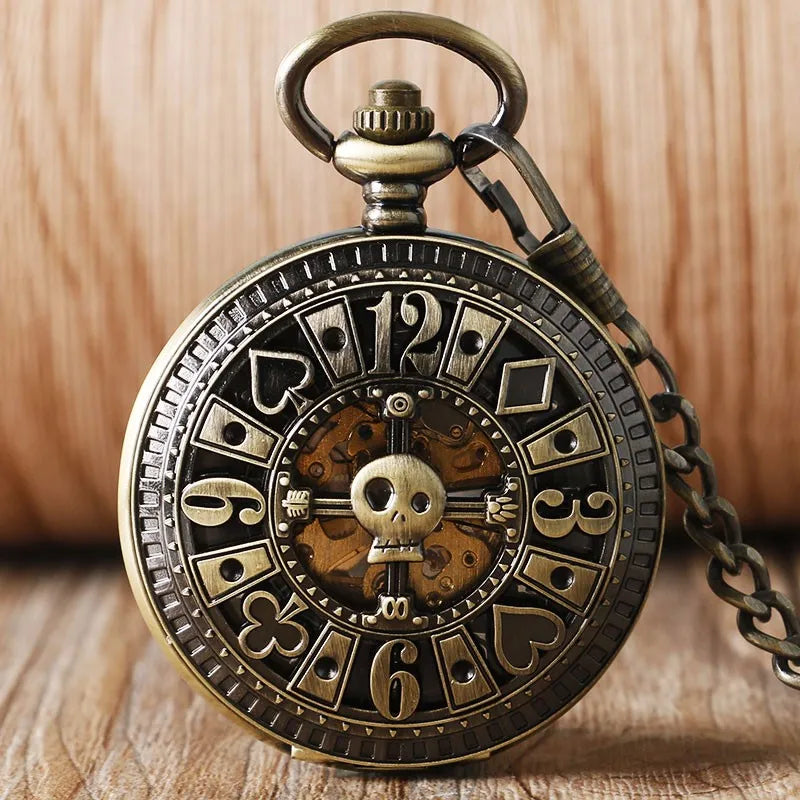 Cool Skull Carving Pocket Watch Hollow Poker Deign Unique Mechanical Automatic Fob Watch With Chain Xmas Gift for Pocket Watch