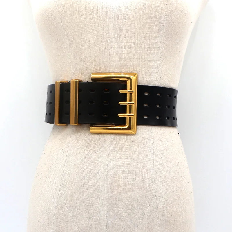 Leather belt, wide eye belt, lady's high quality three-row needle belt seal, pure cowhide bronze buckle wide belt belt