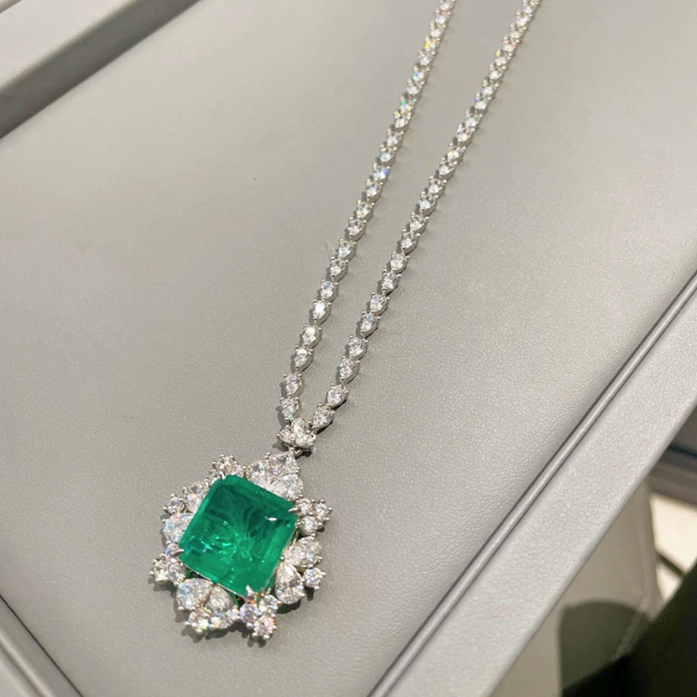 Wong Rain Vintage 100% 925 Sterling Silver Emerald High Carbon Diamond Gemstone Pendant Necklace Fine Jewelry Anniversary Gifts