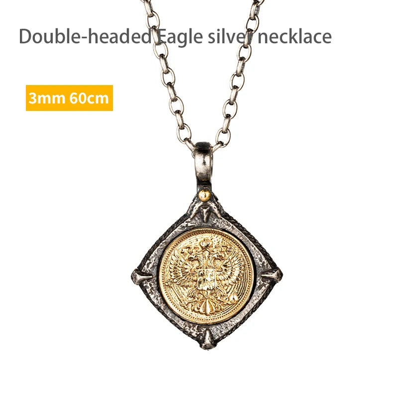 Double Headed Eagle Embossed Silver Inlaid Copper Pendant Necklace Byzantine Style Vintage Antique Jewelry Gift