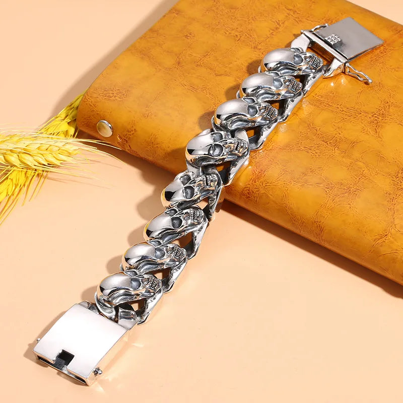 Sterling Silver S925 Dominant Men's Skull Bracelet Personalized European and American Style Thick Bracelet Heavy Industry Trendy