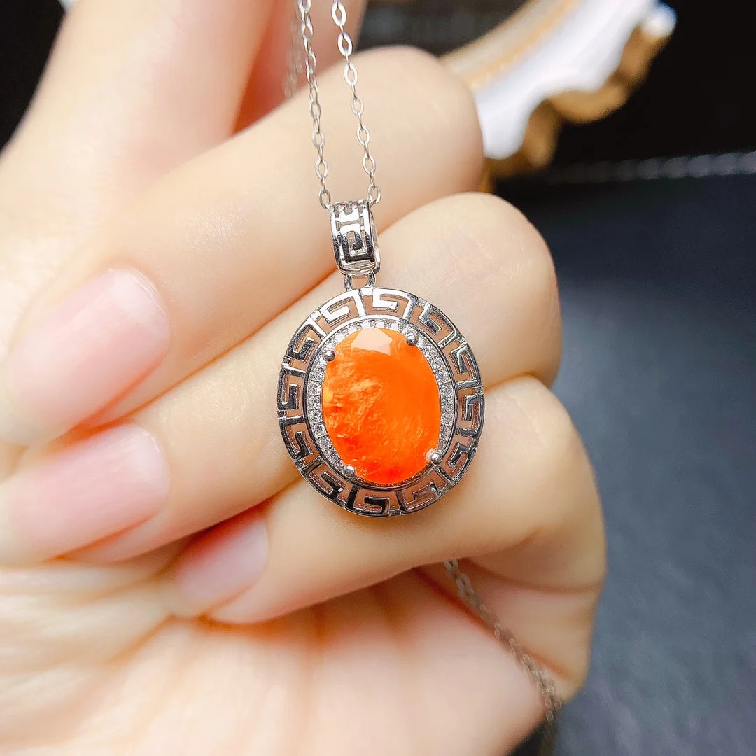 Vintage Oval 9x12mm Natural Orange Fire Opal Pendant 925 Sterling Silver Natural Opal Greek Key Style Pendant Necklace For Gift
