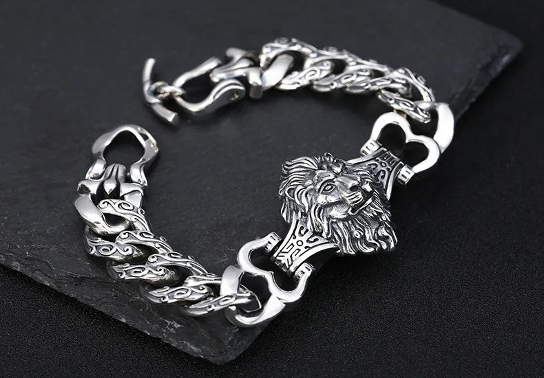 s925 sterling silver ornament retro personality all match trendy fashion Thai silver domineering lion's head bracelet for men