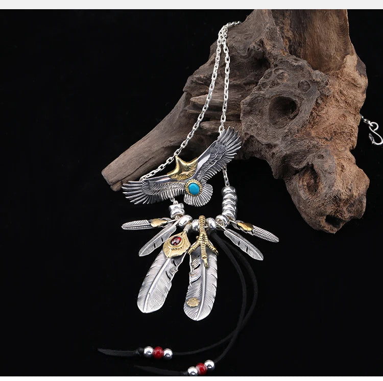 S925 Silver Bridge Feather Eagle Indian Trendy Necklace Female Sweater Chain Hip Hop Men's Pendant