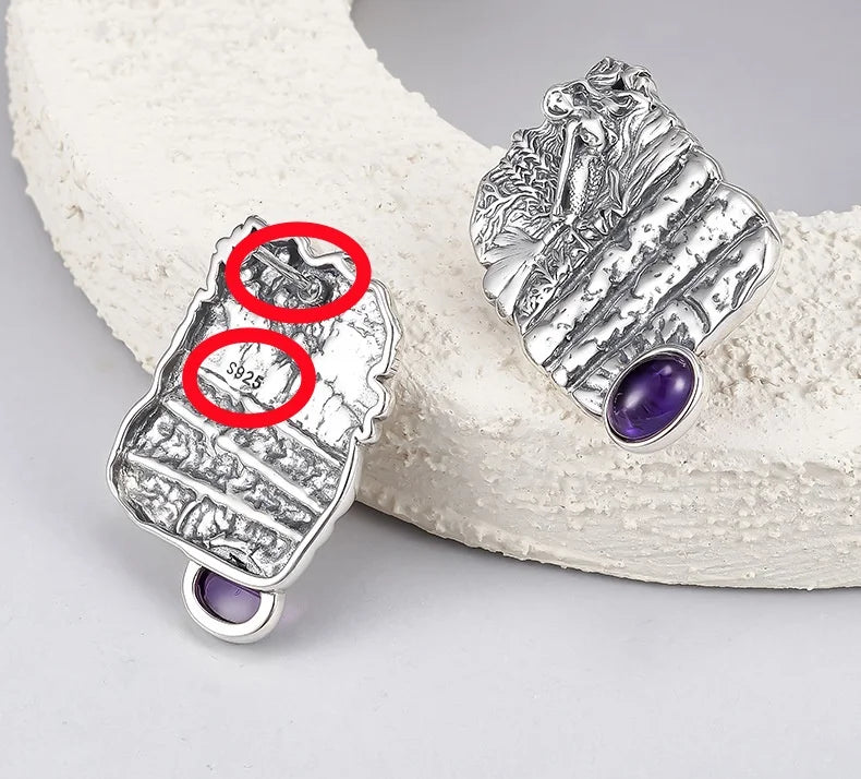 S925 Sterling Silver Stud Earrings for Women Mermaid Retro Texture Geometric Pattern Inlaid Amethyst Ear Stud Jewelry Wholesale