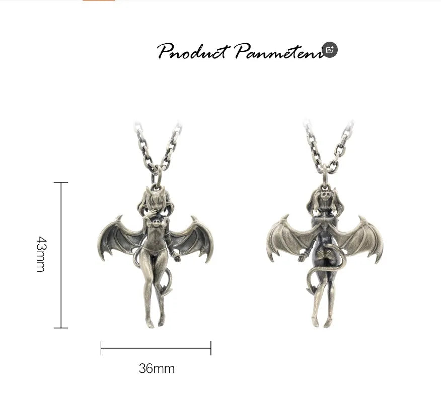 BOCAI Original S925 Silver Charm Demon Lulum Angel Pendant for Men and Women Retro Silver Decoration Devil Wing Pendant