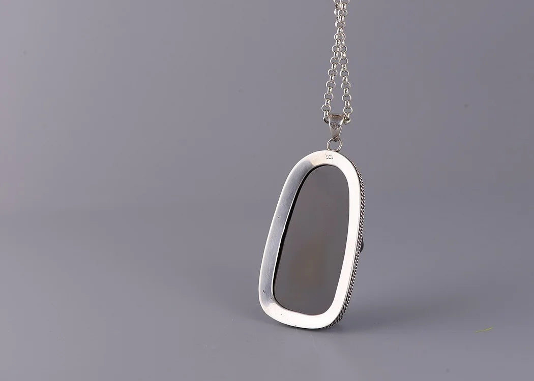 General Guan Gong Pendant Necklace Obsidian, S925 Silver Ethnic Vintage Inlaid Jewelry