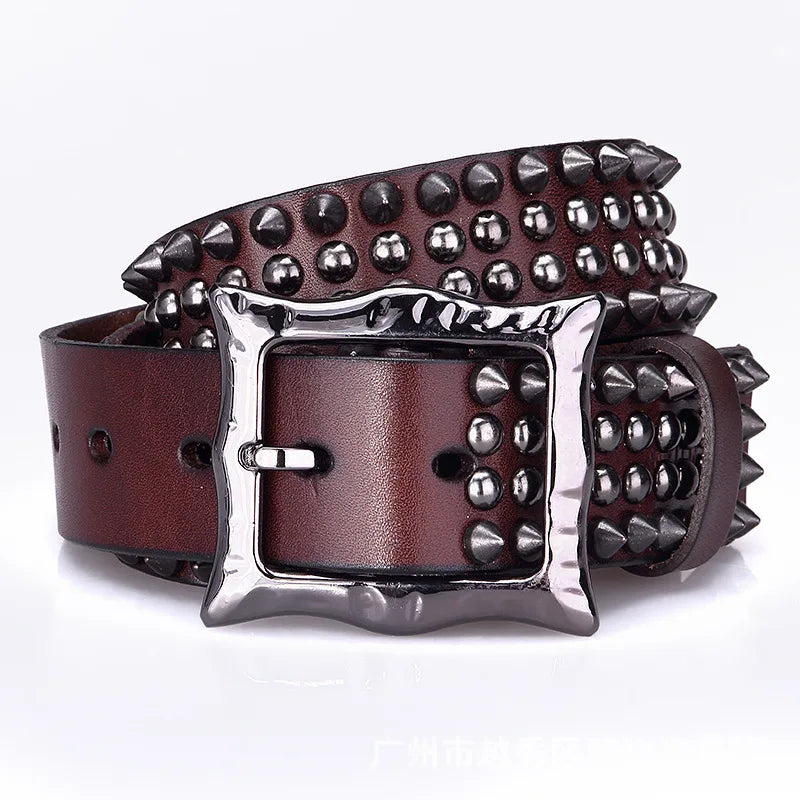 Men Genuine Leather Belt Spike Rivet Studded Fashion Punk Hop Waistband Cowhide Leather Belt Unisex Jeans Accessories