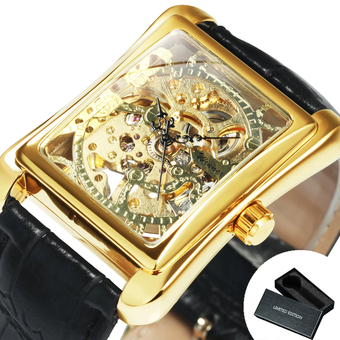 WINNER Classic Skeleton Mechanical Watches Rectangle Retro Gold Watch for Women Luxury Leather Strap Unisex Couple Wristwatches