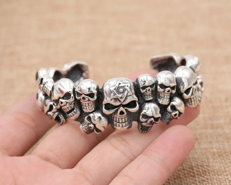 S925 sterling silver jewelry retro thai silver domineering men skull trendy punk style open bracelet