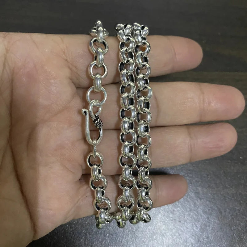 8mm Thick S925 Sterling Silver Men Women Classic Retro Silver Round Circle Cross Link Chain Necklace
