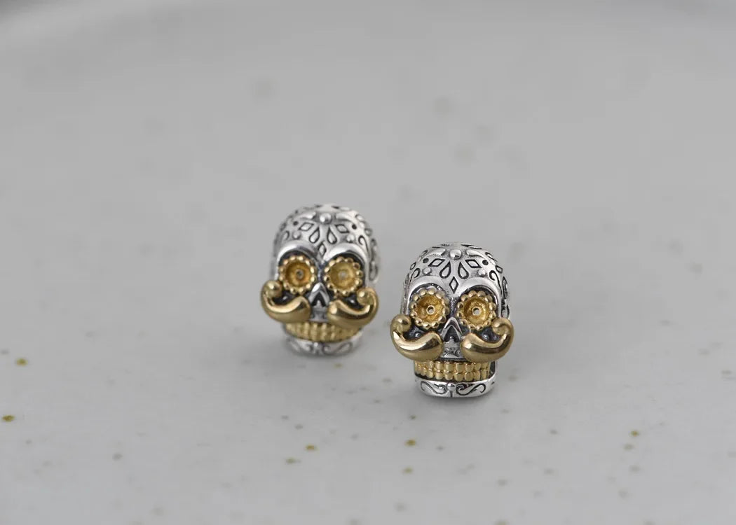 Real S925 Silver Jewelry Retro Thai Fashion Punk Style Long Beard Skull Earrings for Men