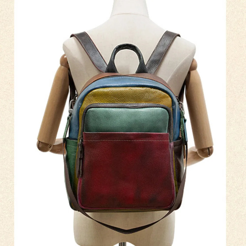 MOTAORA Women's Soft Genuine Leather Backpack Colorblock Large Capacity Travel Bag Stylish Leisure Backpack for Women Designer