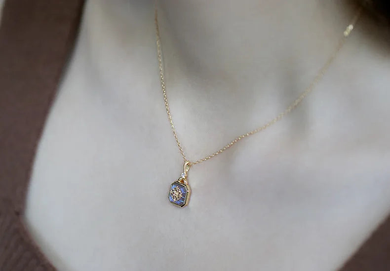 Japanese retro style antique series jewelry S925 silver plating K gold natural gray blue light labradorite pendant