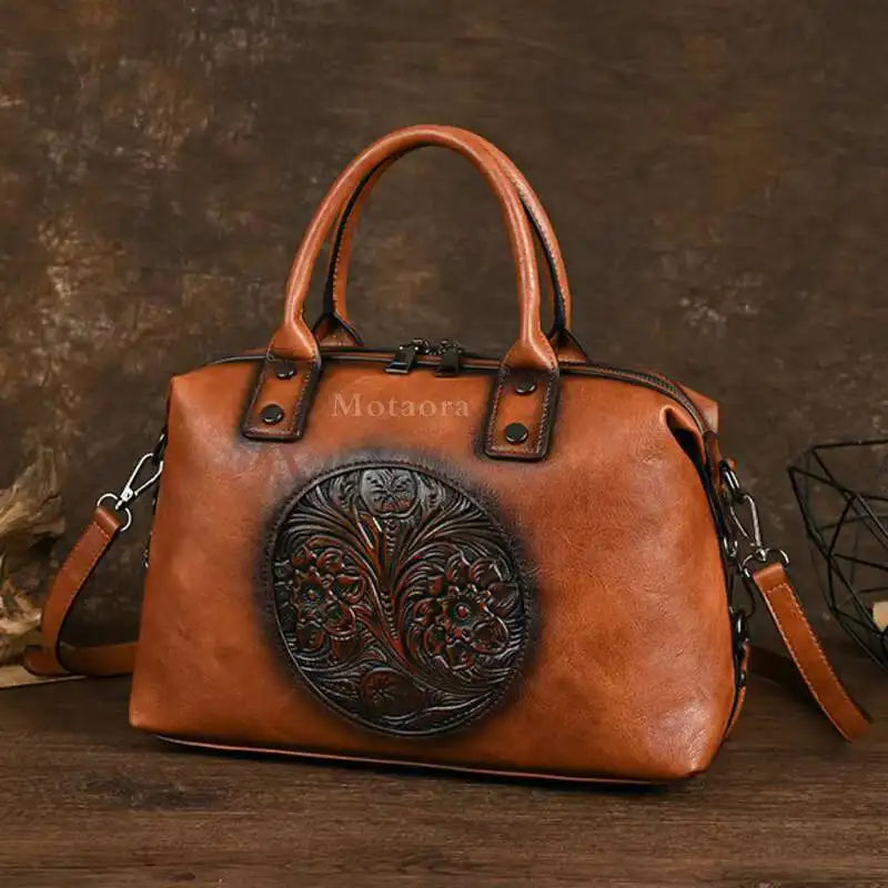 MOTAORA Vintage Leather Crossbody Bag Women's Embossed Handmade Tote Shoulder Bag Large Capacity Anti-Theft Purse
