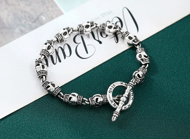 S925 sterling silver bracelet men thick skull heavy industry thai silver retro distressed punk trendystylish jewelry