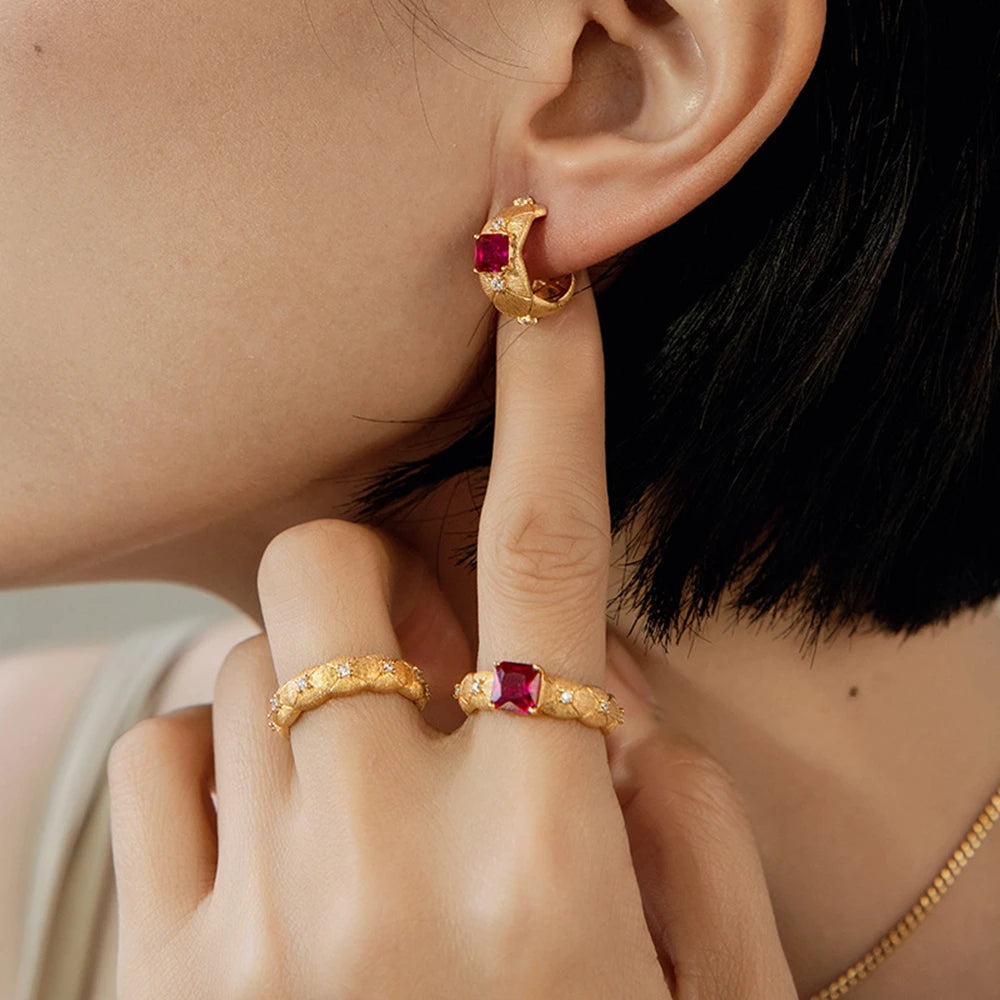 Vinregem Ruby High Carbon Diamond Gemstone Vintage Hoop Earrings for Women 18K Gold Plated 925 Sterling Silver Fine Jewelry Gift