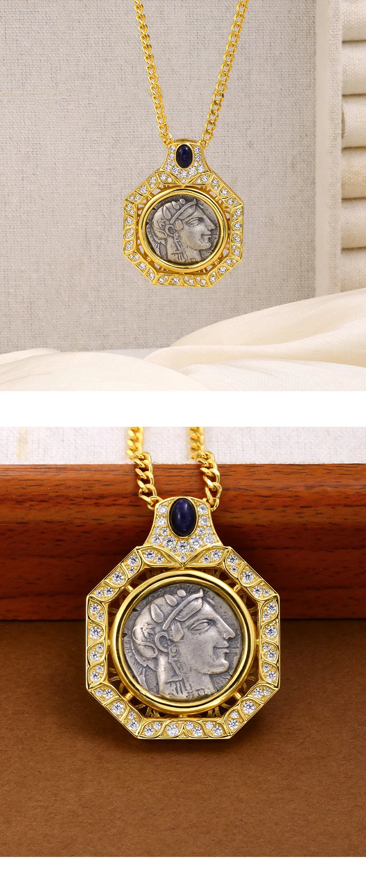 Vintage-style Women's Necklace – New Design Sterling Silver Gold-Plated Cuban Chain with Ancient Coin & Athena Embossed