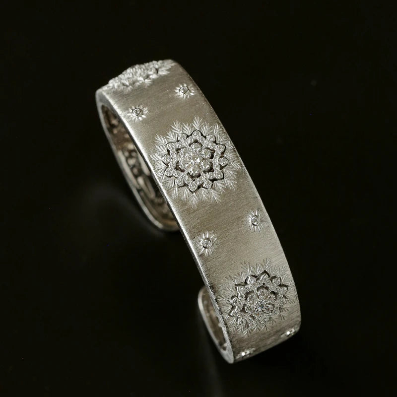 Italian Engraved Filigree Craft 925 Silver Diamond Inlaid Openable Bracelet Retro Light Luxury Wide Bangle