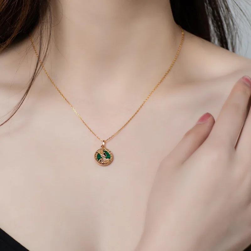 New Antique Coin Portrait Necklace for Women, Vintage Turquoise 18K Gold PT950 Platinum Silver Plated 7-layer Gold Pendant
