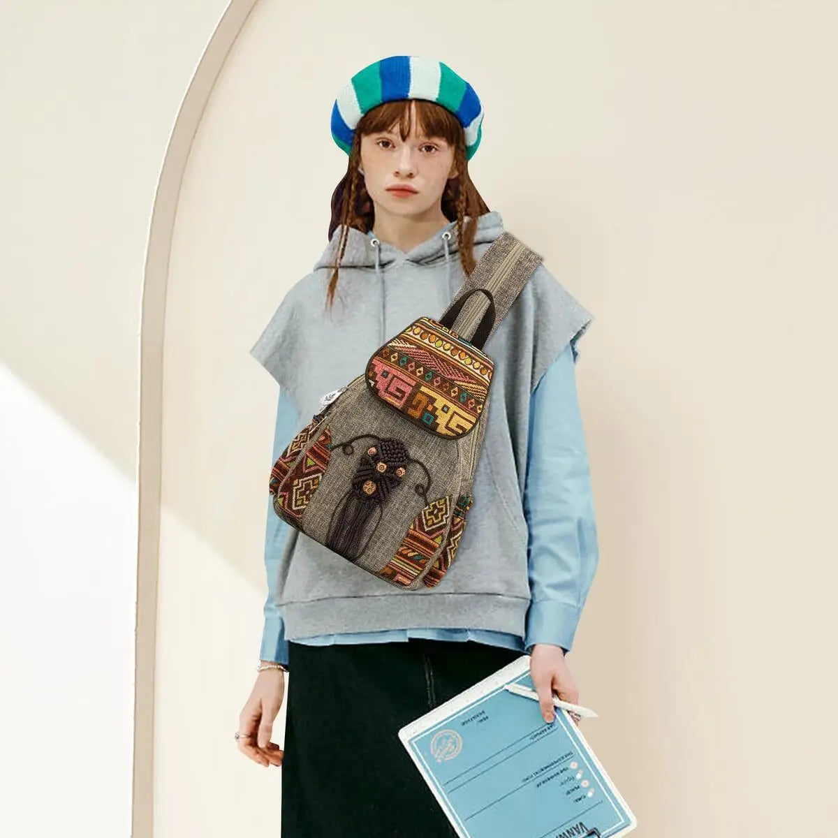 MOTAORA Handmade Women's Bohemian Backpack Vintage Canvas Mini Rucksack Ethnic Geometric Print Travel Casual Daypack Lightweight