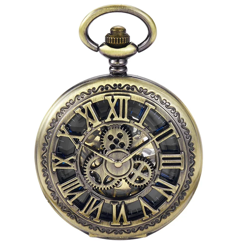 Antique Hollow Roman Number Gear Wheel Design Mechanical Pocket Watch Retro Pendant Clock Gifts for Men Women