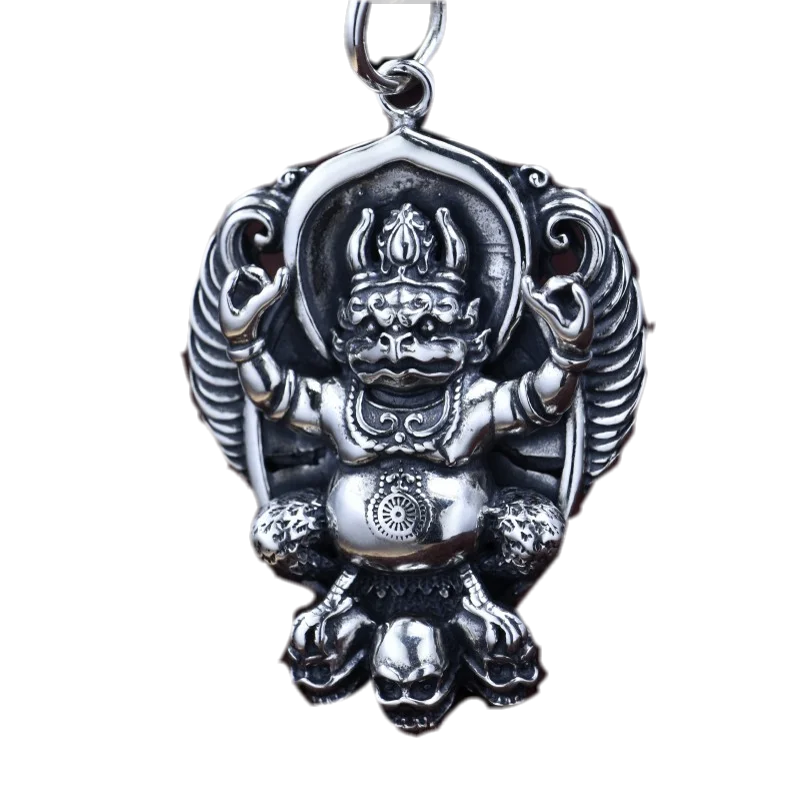 BOCAI New S925 Sterling Silver Retro Personalized Diamond Pestle Flame Golden Winged Roc Bird Skull Pendant Male and Female