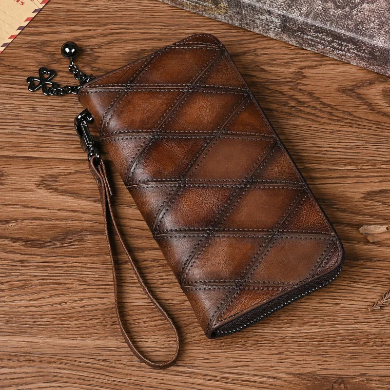 MOTAORA Women's Vintage Genuine Leather Phone Wallet Cross Grain Zipper Wallet Card Holder Bag Long Zipper Patchwork Retro Purse