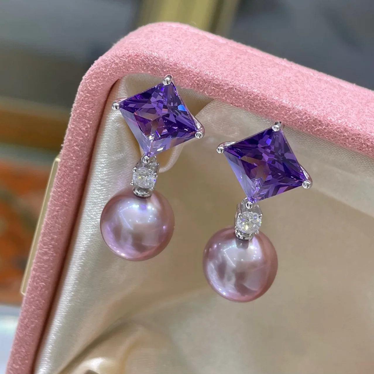 Square Diamond Natural Primary Color Purple Pearl Earrings S925 Silver 11-12mm Emperor Purple Edison Stud Earrings