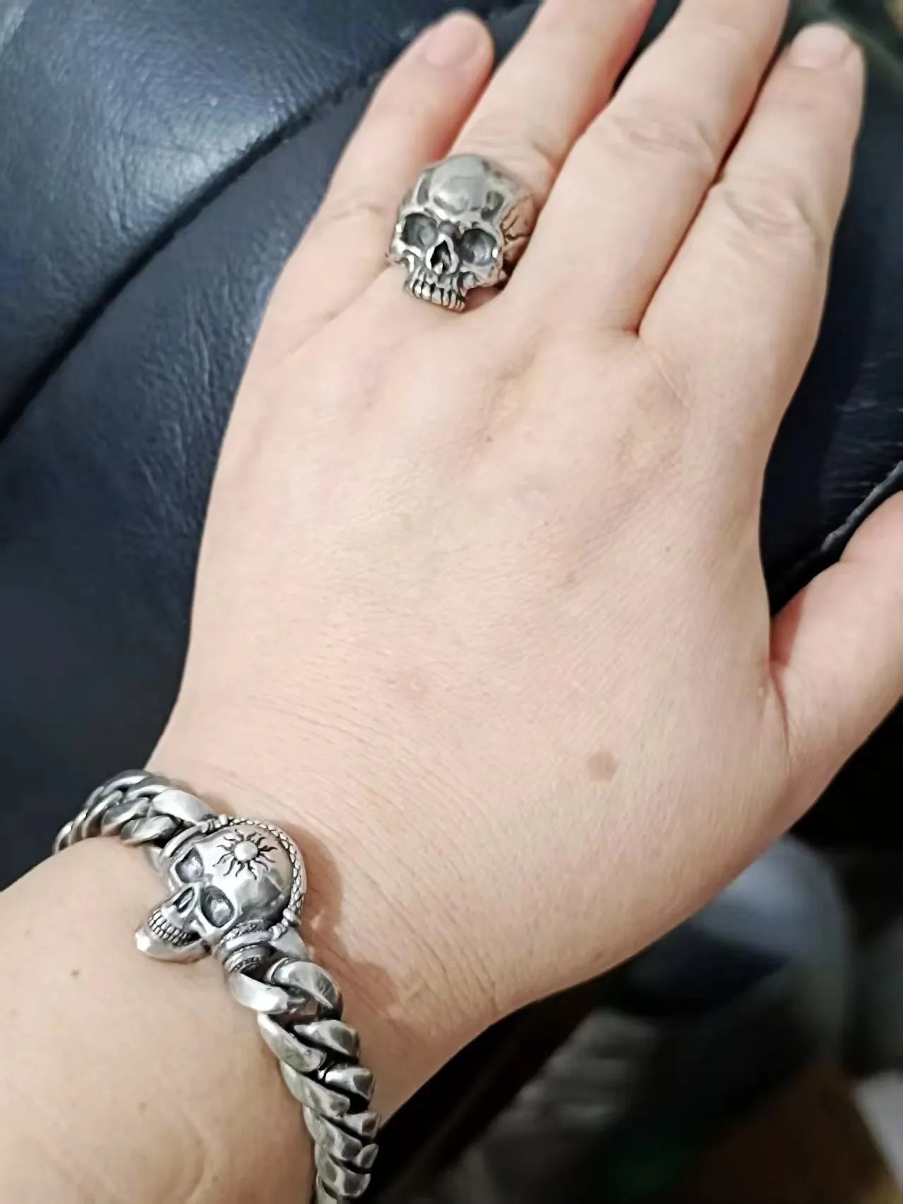 BOCAI Retro Style S925 Sterling Silver with Pattern Trendy Personalized Skull Bracelet for Men