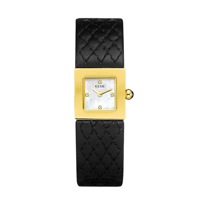 Guou Women Quartz Watch Luxury Clock Fashion Vintage Orologio Retro Classic Black Gold Square Reloj Ladies Leather Wrist Watches