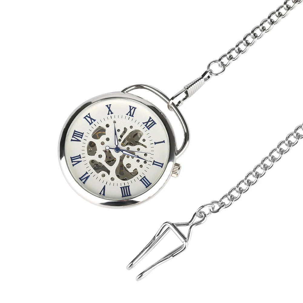 Open Face Blue Roman Numerals Display Mechanical Hand Winding Pocket Watch Silver Transparent Skeleton Pendant Antique Clock