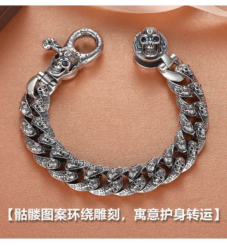 European and American S925 Sterling Silver Retro Skull Bracelet for Men, Trendy Hip-Hop Punk Bold Silver Bangle