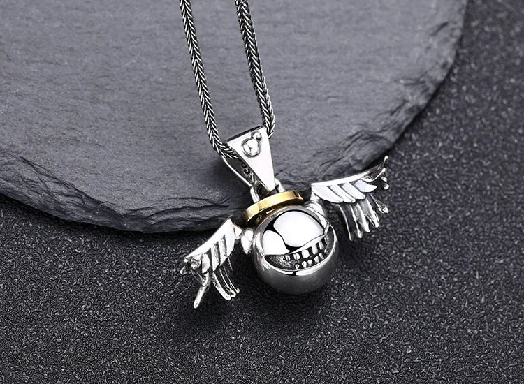 Mens Devil Smile Skull Wing Pendant 925 Sterling Silver Vintage Necklace Gothic