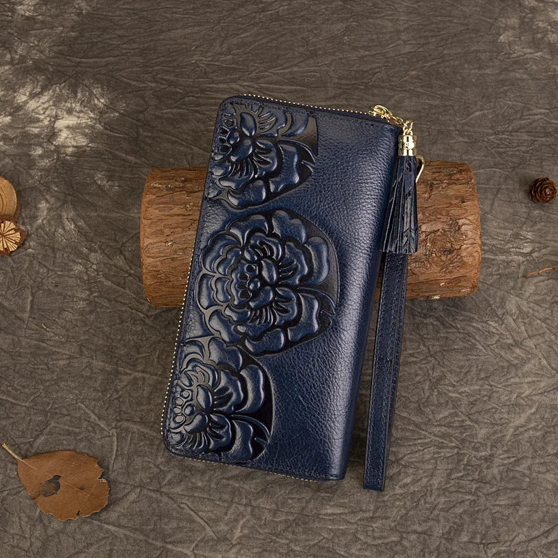 MOTAORA 2025 New Vintage Women's Leather Wallet 3D Floral Clutch Bag First Layer Cowhide Zipper Genuine Leather Ladies Purse