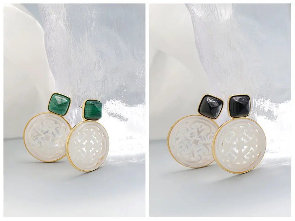 Natural White Shell Openwork 18K Gold Plated Earring Inlaid Black Agate 925 Sterling Silver Earrings Fashion Fine Jewelry Gift
