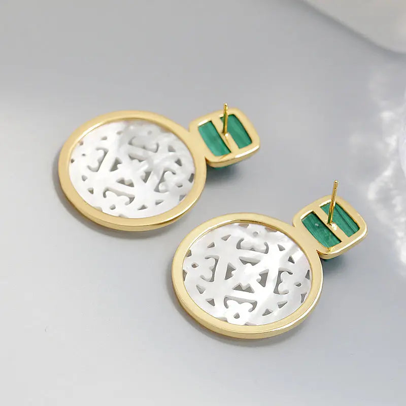 Natural White Shell Openwork 18K Gold Plated Earring Inlaid Black Agate 925 Sterling Silver Earrings Fashion Fine Jewelry Gift