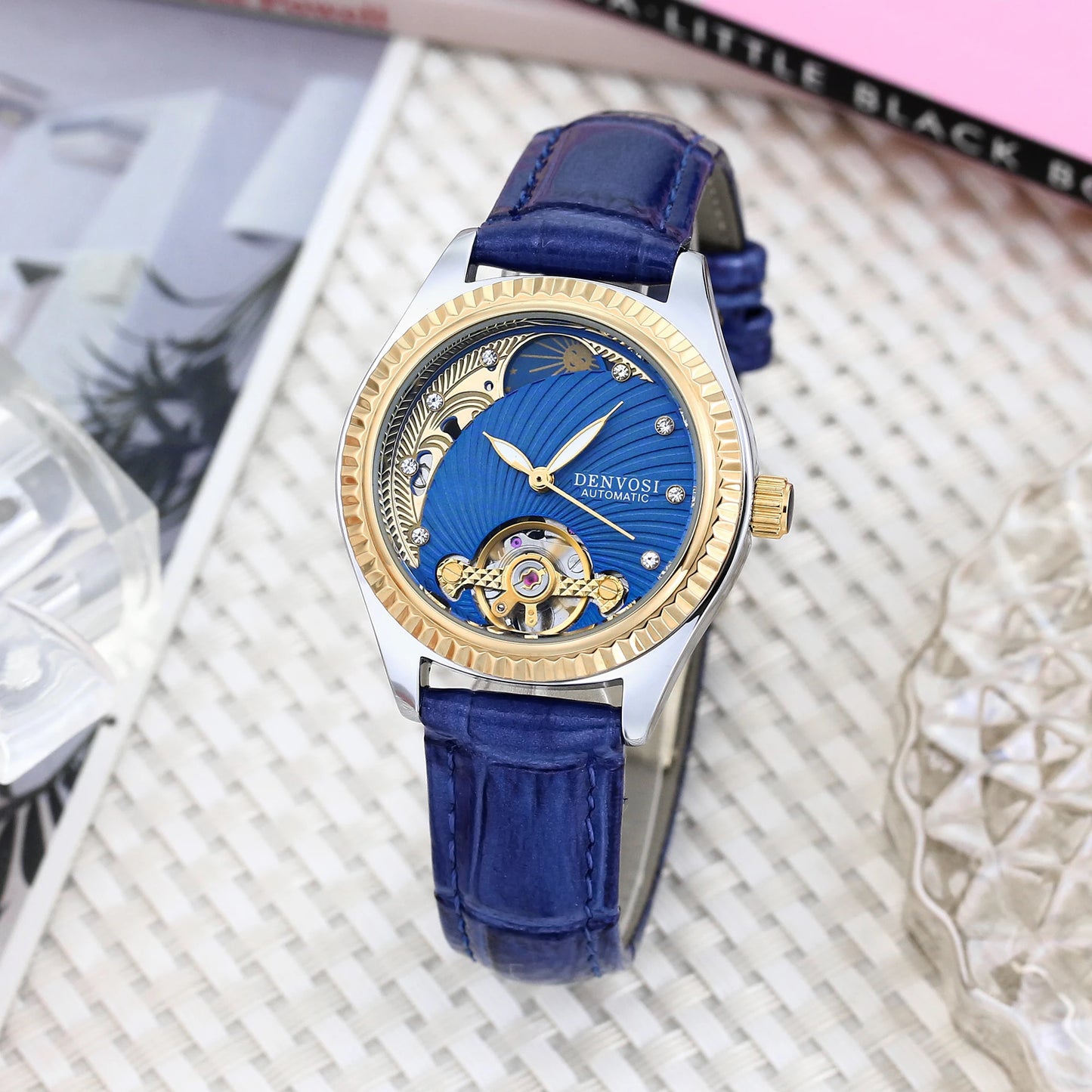 Ladies Flywheel double hollowed luxury fashion casual luminous leather watch with automatic mechanical waterproof wristwatch