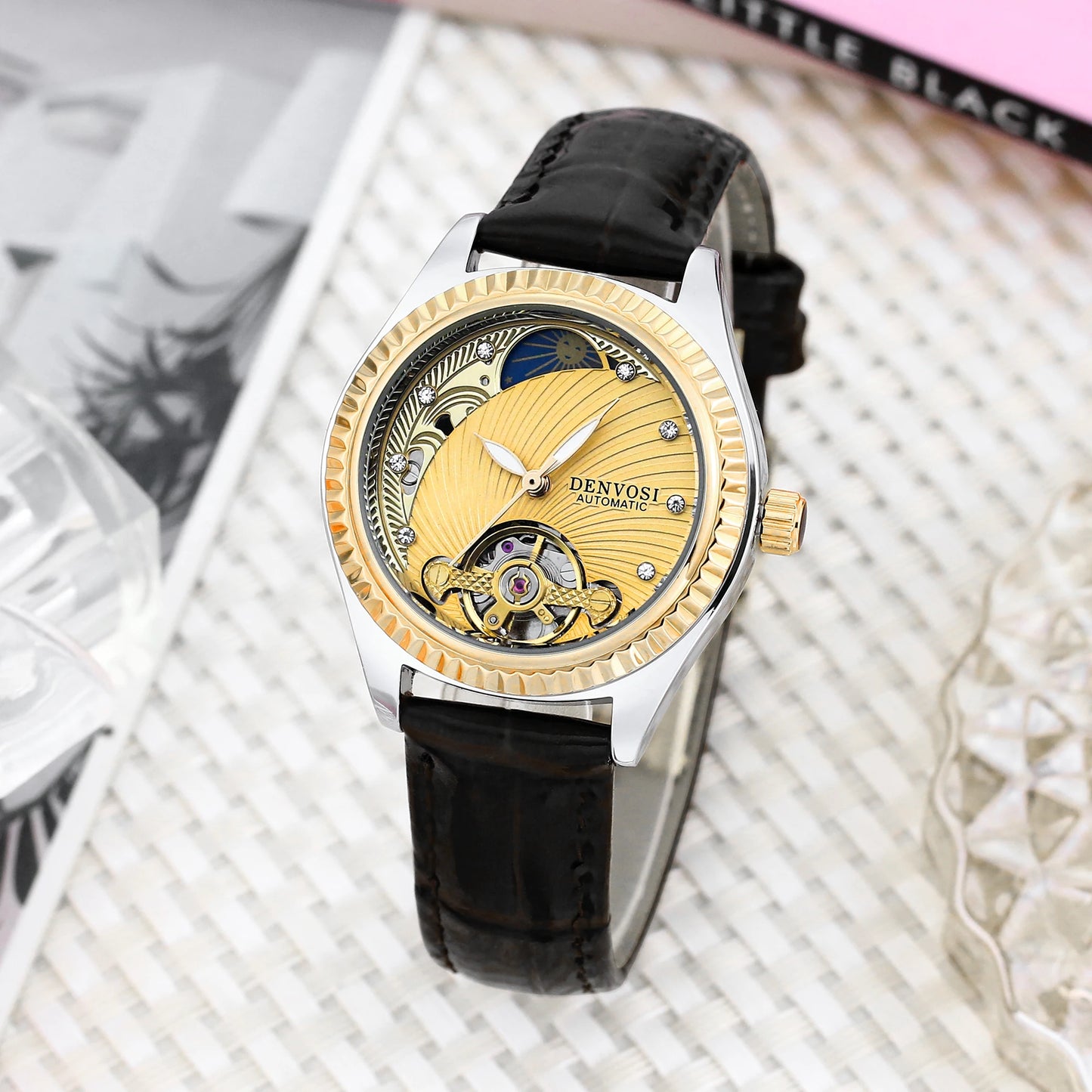 Ladies Flywheel double hollowed luxury fashion casual luminous leather watch with automatic mechanical waterproof wristwatch