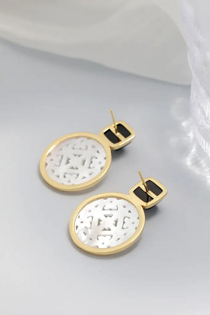 Natural White Shell Openwork 18K Gold Plated Earring Inlaid Black Agate 925 Sterling Silver Earrings Fashion Fine Jewelry Gift