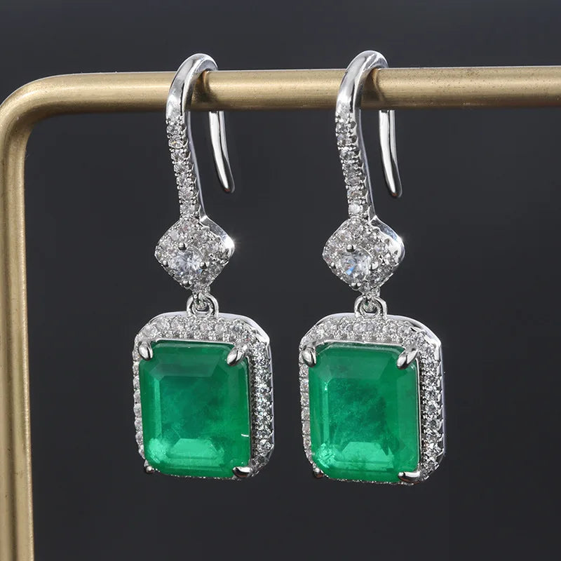 GICA GEMA Women Vintage Earrings Real 925 Sterling Silver Created Emerald 30mm Ear Drop Fashion Female Fine Jewelry Promise Gift