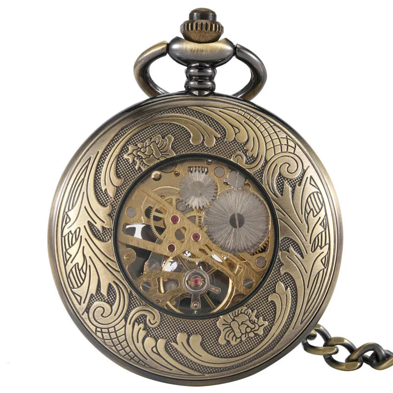 Antique Vintage Phoenix Half Hunter Clock Mechanical Hand Winding Pocket Watch for Men Women Roman Number Skeleton Fob Chain