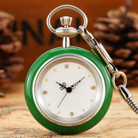 Minimalist Retro Green/White Jade Quartz Pocket Watch Silver Snake Pocket Chain Pendant Antique Pocket Clock Gift Men Women