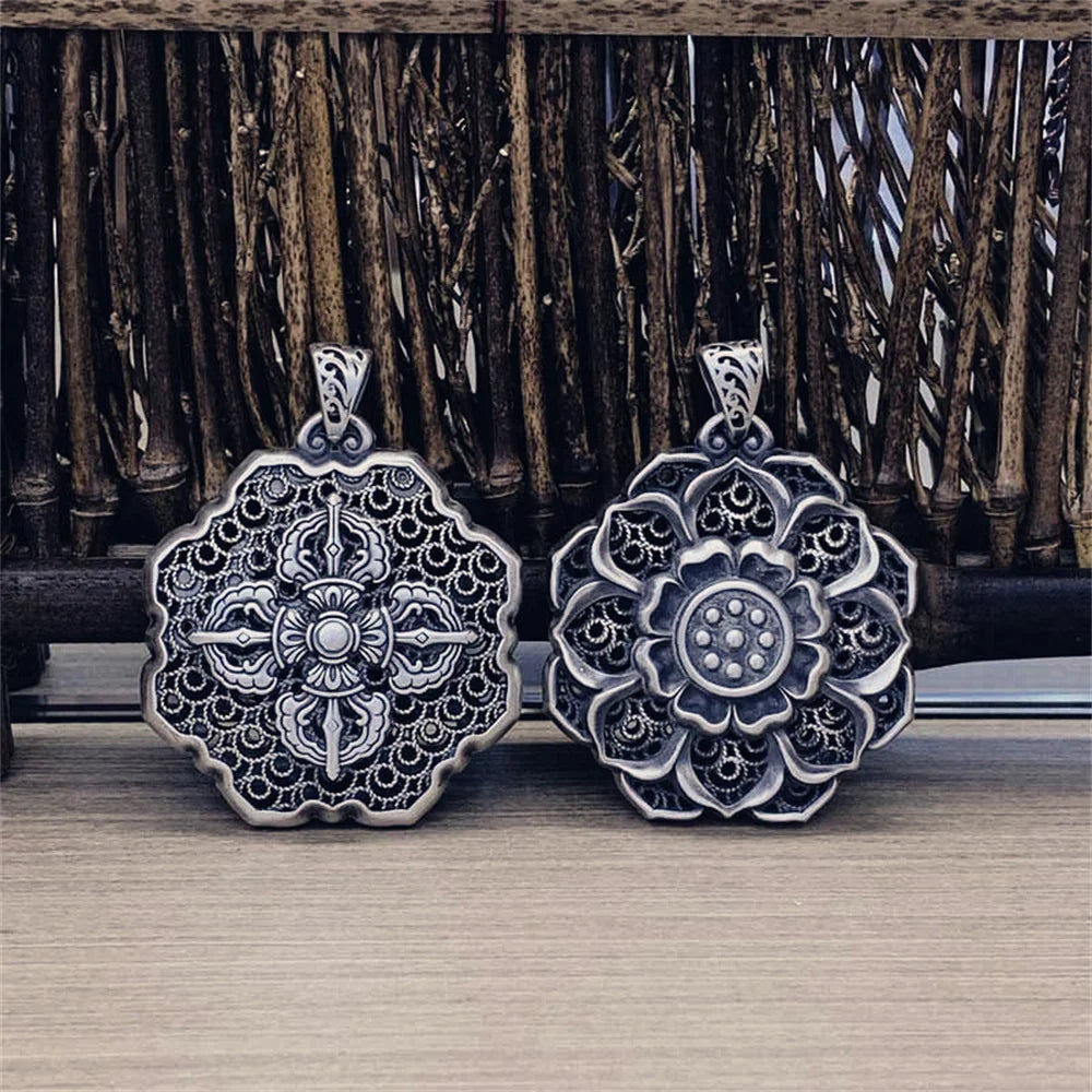 BOCAI S999 Sterling Silver Charm Pendants Hollow Out Lotus Vajra Pestle Hanging Jewelry Pure Argentum Amulet for Men and Women