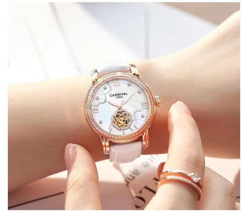 CARNIVAL Fashion Tourbillon Watches for Woman Luxury Diamond Automatic Watch Waterproof Leather Sapphire Mechanical Wristwatches