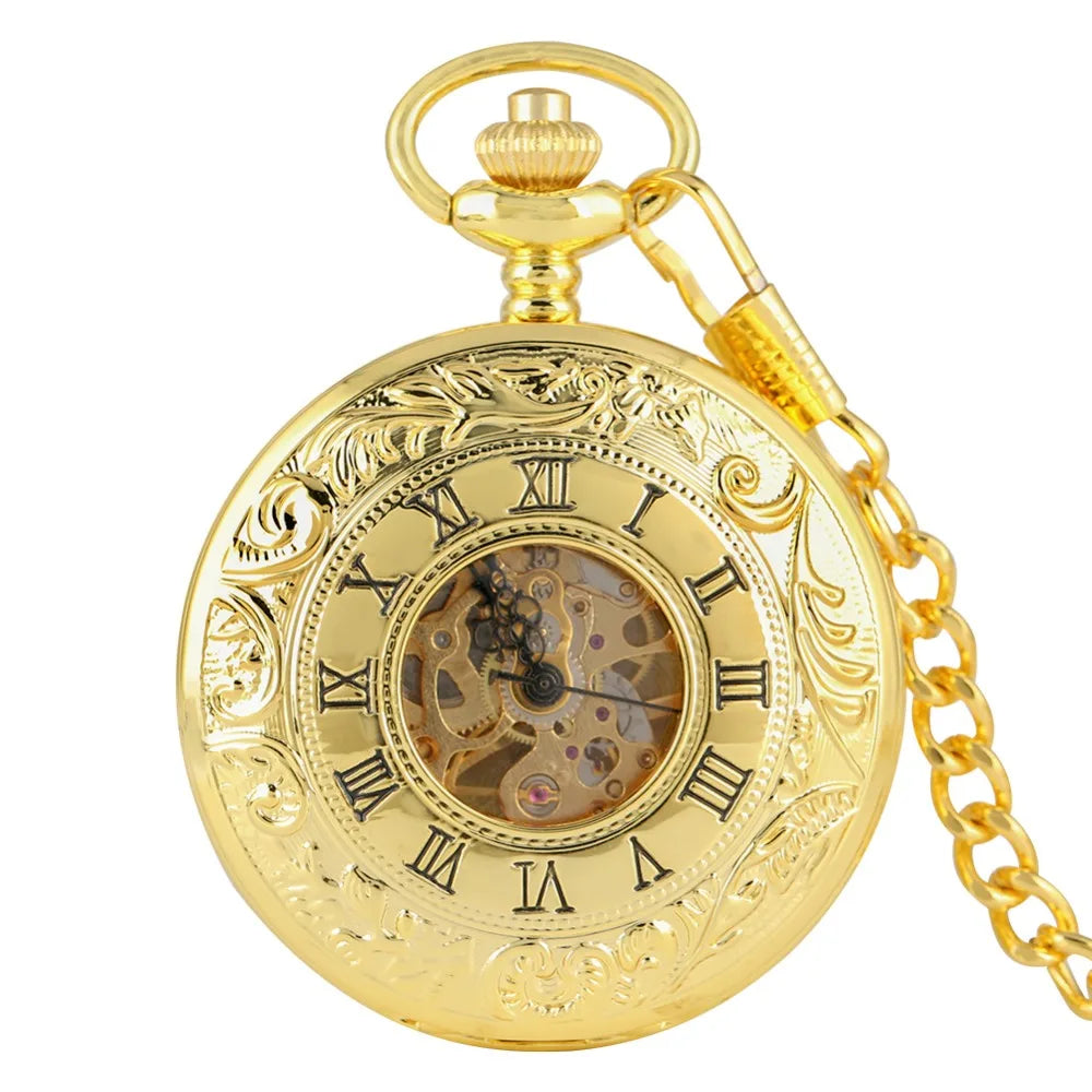 Steampunk Skeleton Mechanical Pocket Watch Luxury Gold Silver Fob Open Side Necklace Clock Antique  Reloj De Bolsillo Gifts