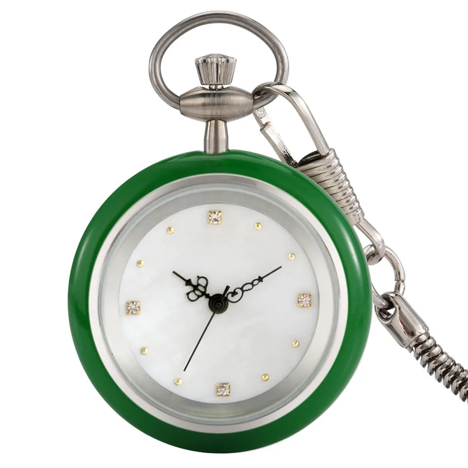 Minimalist Retro Green/White Jade Quartz Pocket Watch Silver Snake Pocket Chain Pendant Antique Pocket Clock Gift Men Women