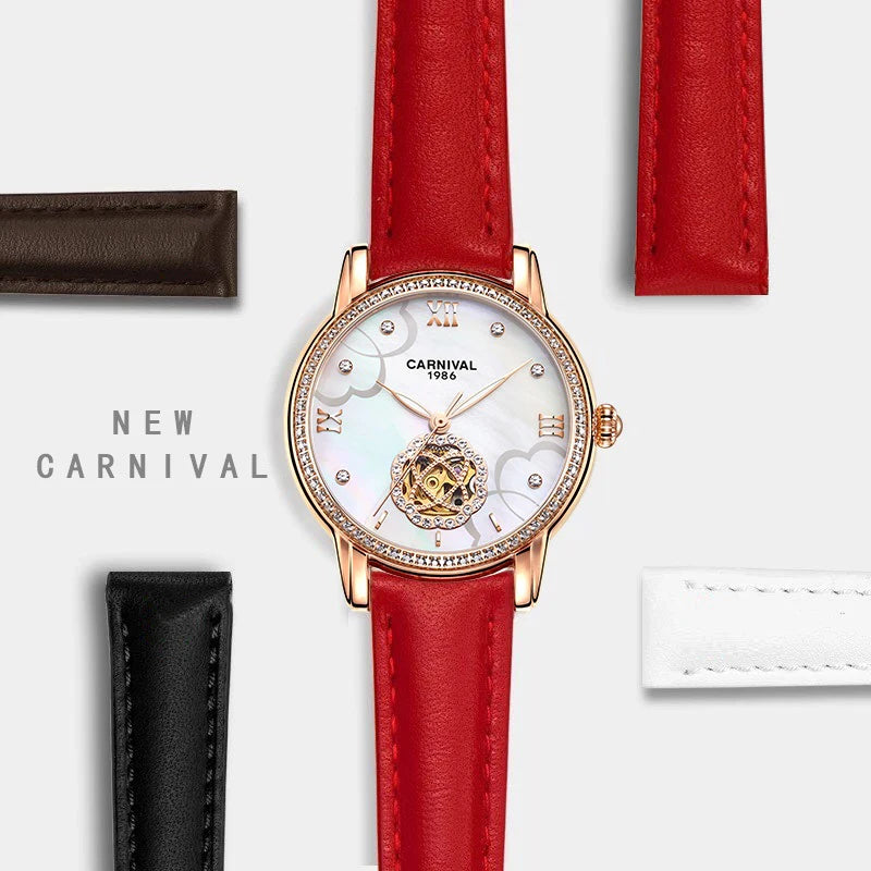 CARNIVAL Fashion Tourbillon Watches for Woman Luxury Diamond Automatic Watch Waterproof Leather Sapphire Mechanical Wristwatches