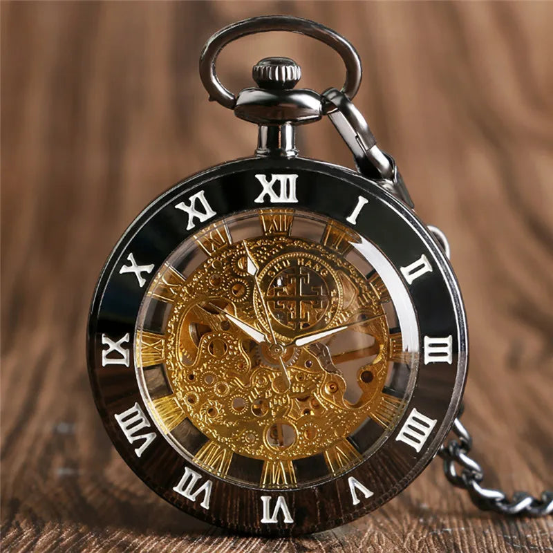Antique Pocket Watch Open Face Case Unisex Handwinding Mechanical Watches Manually Skeleton Clock Pendant Chain Timepiece